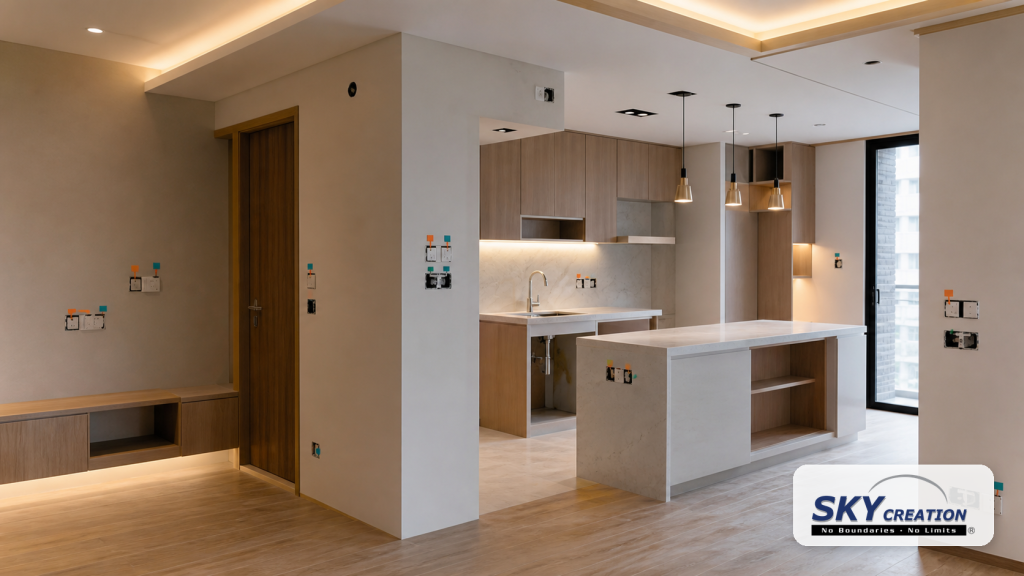 Electrical points planning for a Singapore renovation with sockets, lighting and carpentry zones by Sky Creation
