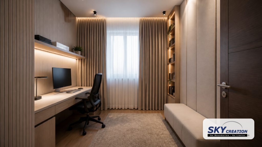 Soundproof room renovation in Singapore with acoustic panels, curtains and home office design by Sky Creation