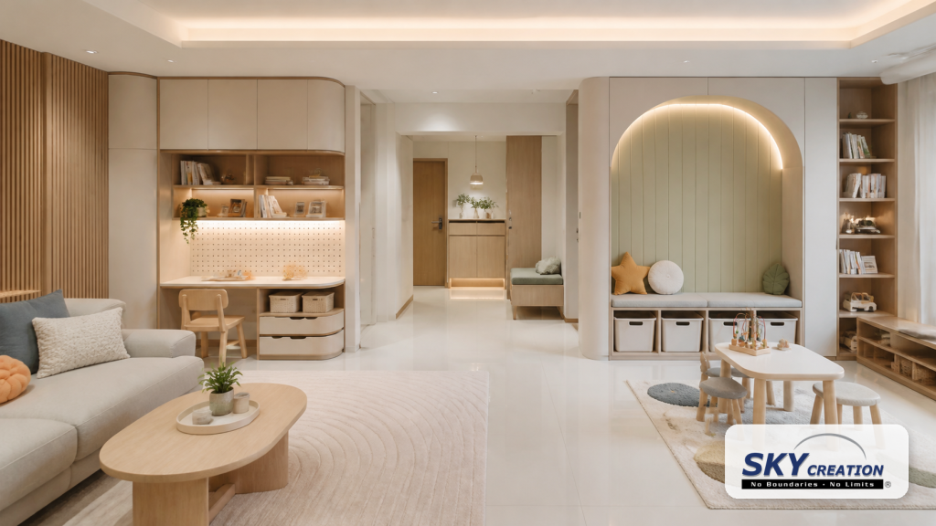 Child-friendly home renovation in Singapore with rounded built-ins, open walkway and family storage by Sky Creation