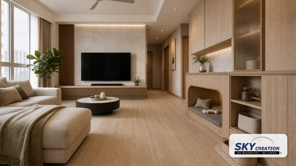 Pet-friendly home renovation in Singapore with durable flooring, easy-clean sofa and built-in pet nook by Sky Creation
