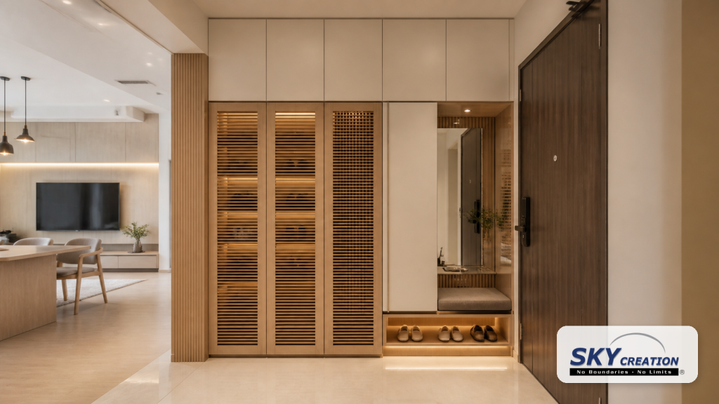 Shoe cabinet design in a Singapore HDB or condo foyer with ventilated doors and seating bench by Sky Creation