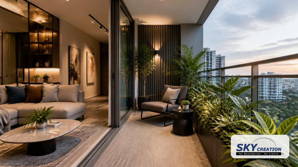 Condo balcony design in Singapore with outdoor-friendly seating, greenery and living room connection by Sky Creation