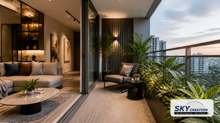 Condo balcony design in Singapore with outdoor-friendly seating, greenery and living room connection by Sky Creation