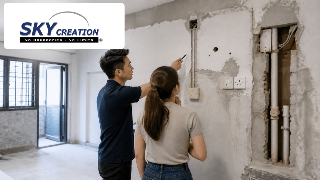 Resale HDB renovation planning in Singapore with a designer reviewing an existing flat interior