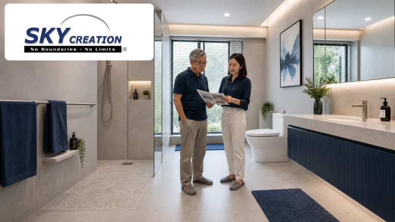 Mature Singapore homeowner reviewing a premium senior-friendly bathroom with clear circulation, warm lighting and discreet support planning