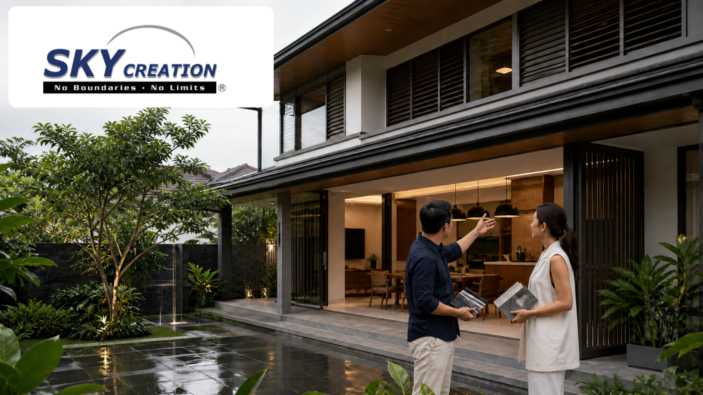 Architect and homeowner reviewing a refined Singapore landed house facade with coordinated openings, shade and weather-aware materials