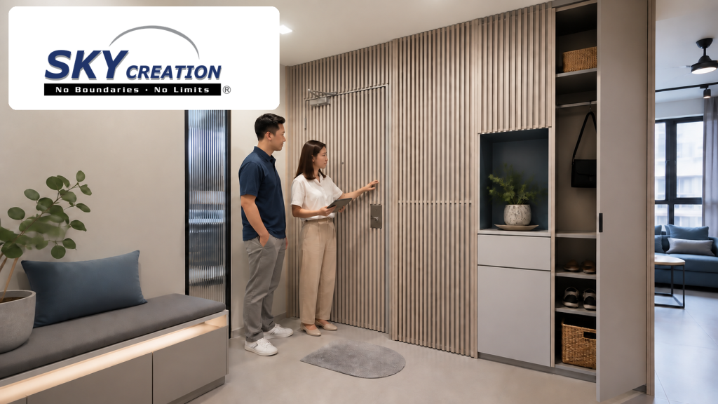 HDB bomb shelter design in a Singapore foyer with calm carpentry and clear shelter access