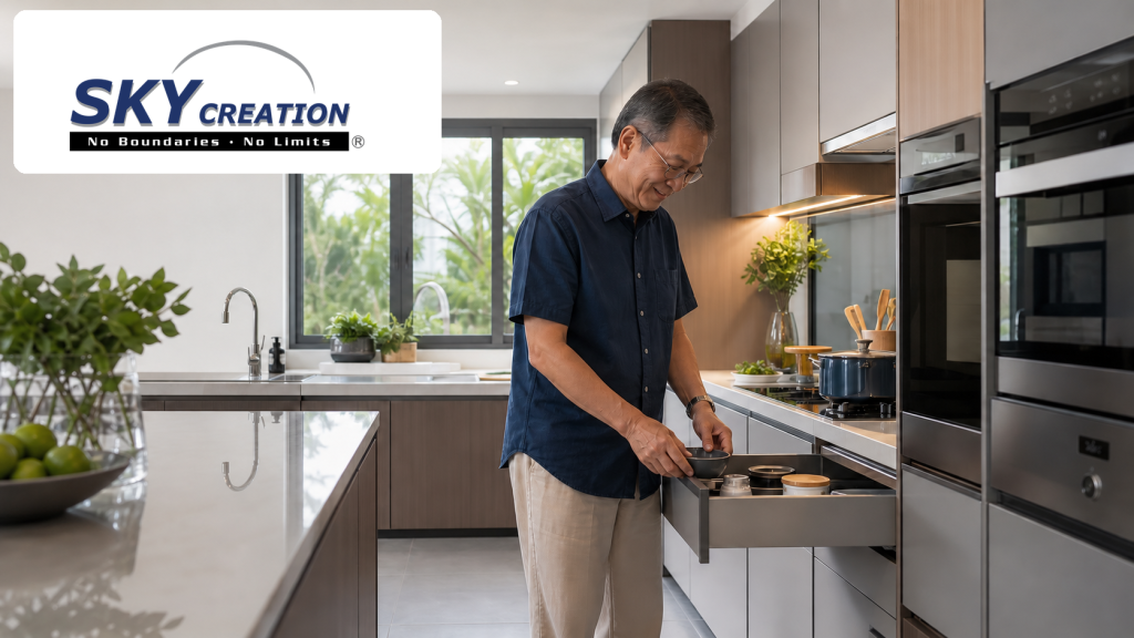Mature Singapore homeowners reviewing an elegant accessible kitchen layout with clear circulation and practical storage