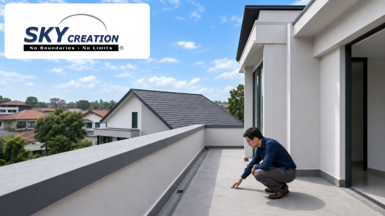 Landed home renovation team inspecting a roof terrace and facade junction before waterproofing and finish work