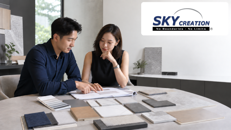 Singapore homeowners comparing renovation material samples with labels and a written finish schedule in a design studio