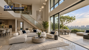 Singapore penthouse interior connecting a double-height living room, upper level and terrace