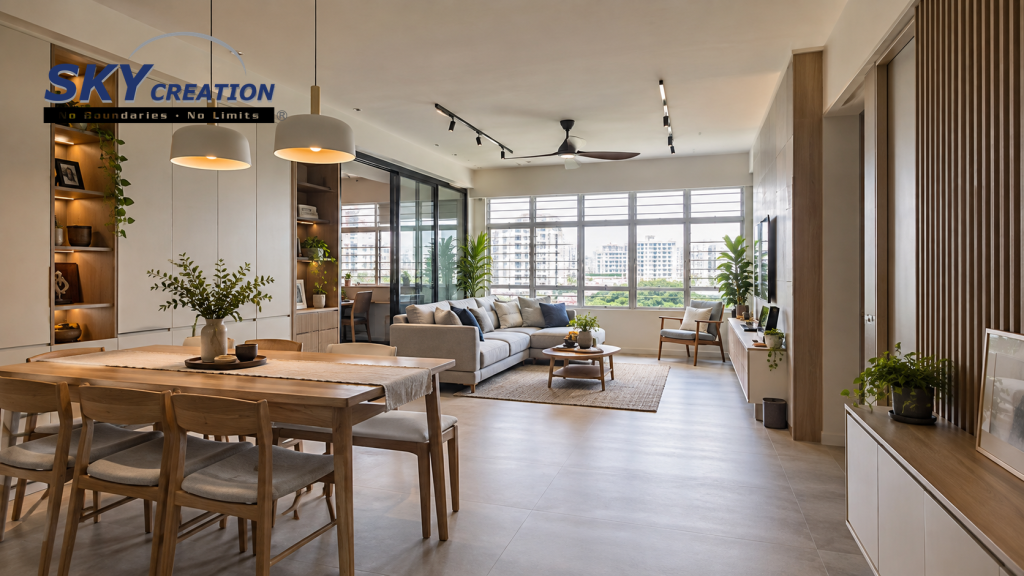 Spacious Singapore jumbo HDB living and dining area with practical storage and circulation