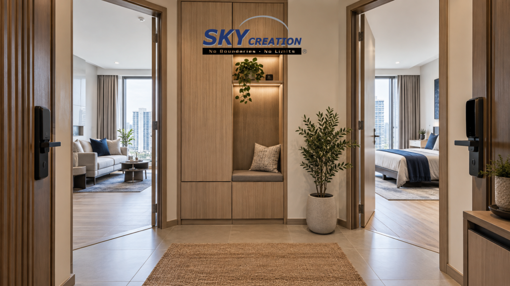Dual-key condo entrance planned with two private living zones and shared built-in storage