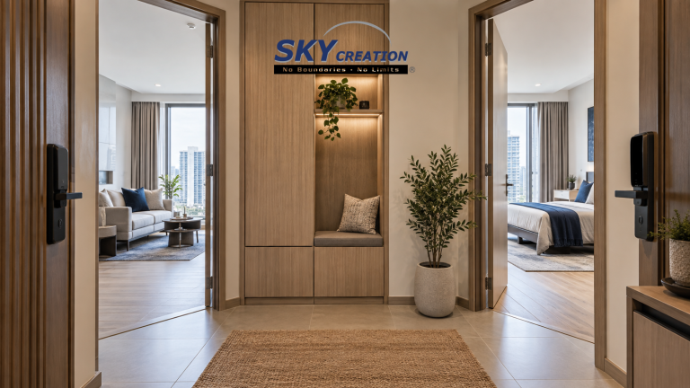 Dual-key condo entrance planned with two private living zones and shared built-in storage