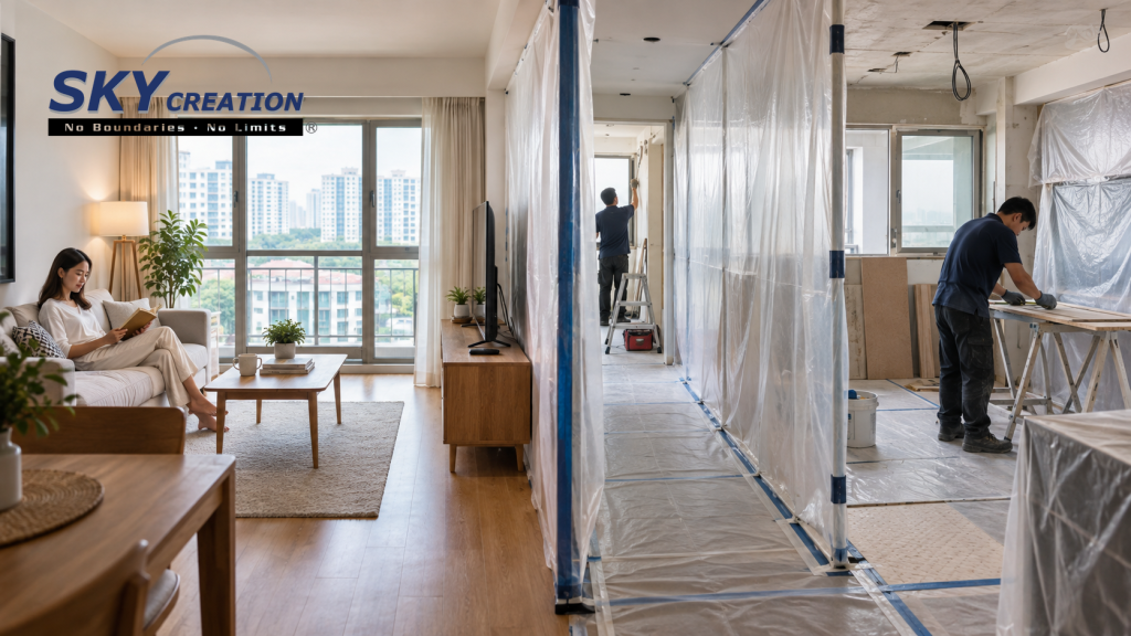 Singapore homeowner living in a protected zone beside a carefully contained renovation area