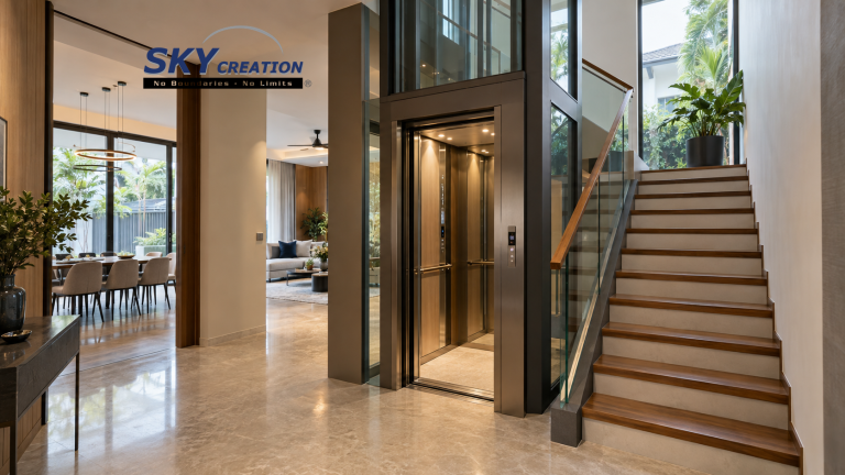 Home lift integrated beside a staircase in a contemporary Singapore landed house