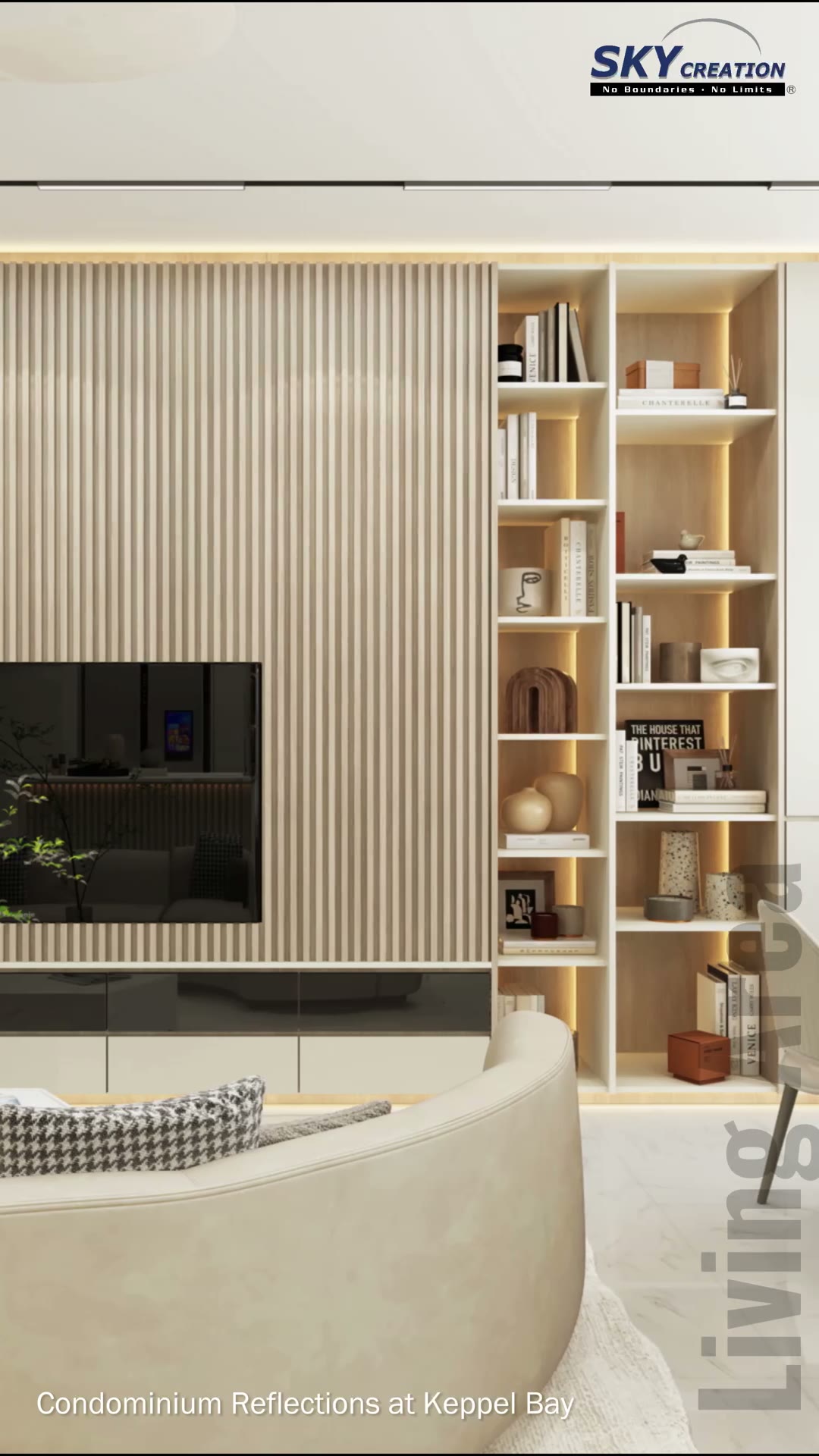 Reflections at Keppel Bay living area with fluted details and integrated display storage