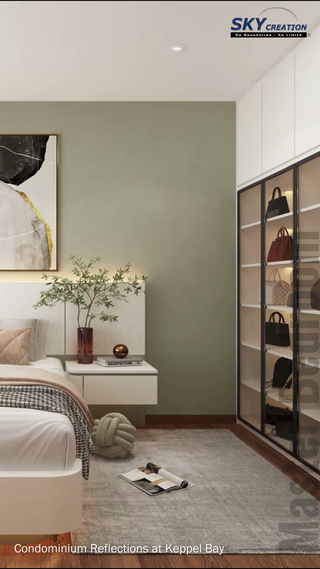 Reflections at Keppel Bay bedroom concept with a muted green feature wall