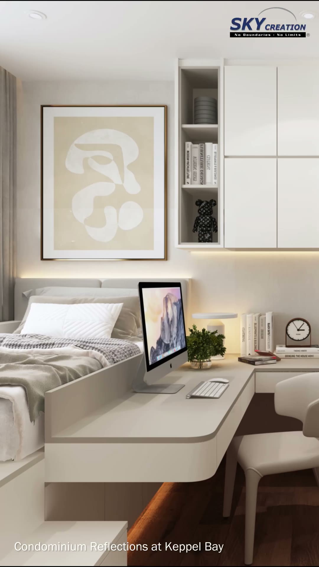 Condominium bedroom with an integrated study desk and full-height storage