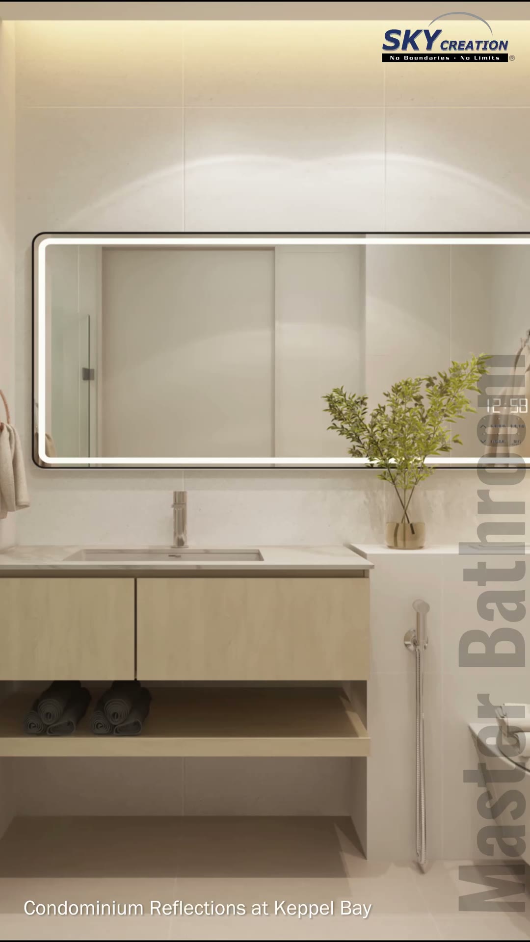 Master bathroom concept with a wide illuminated mirror and floating vanity