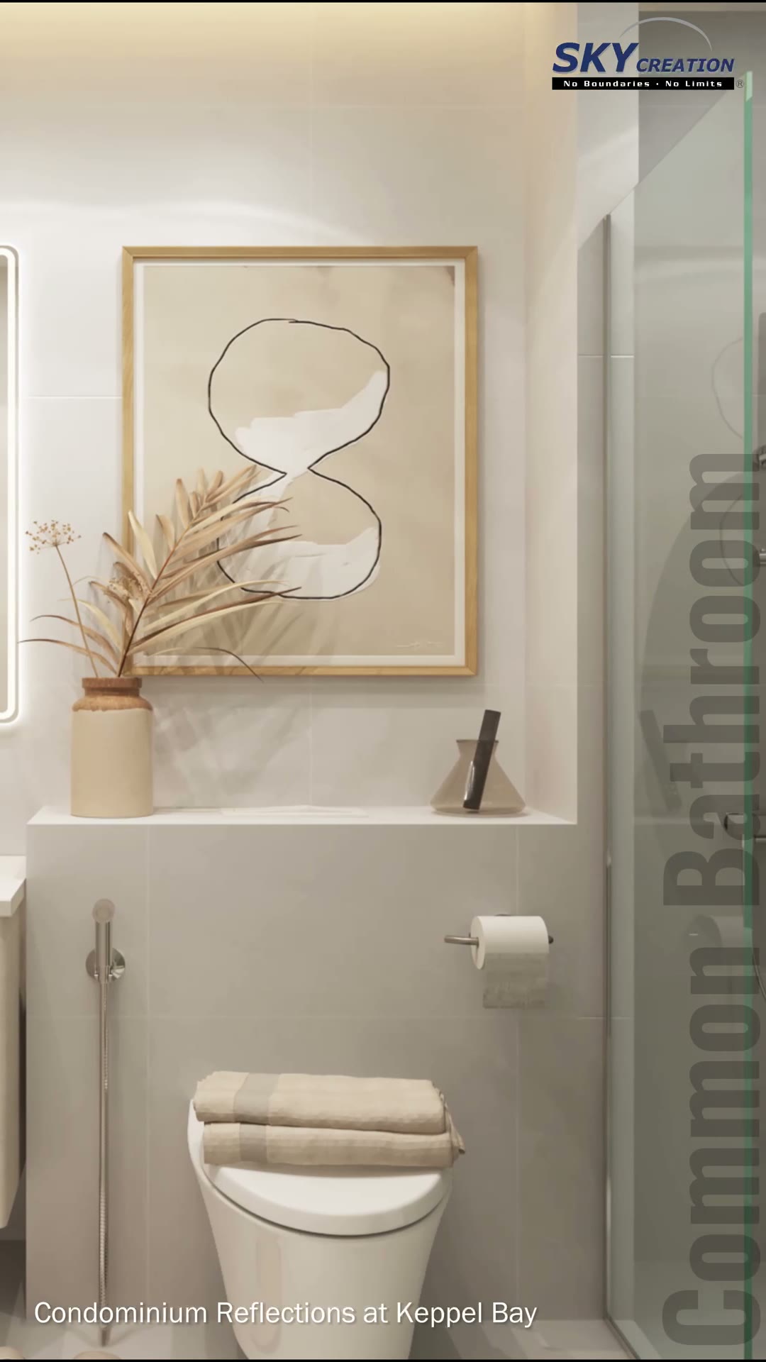 Condominium bathroom with warm neutral finishes and a circular illuminated mirror