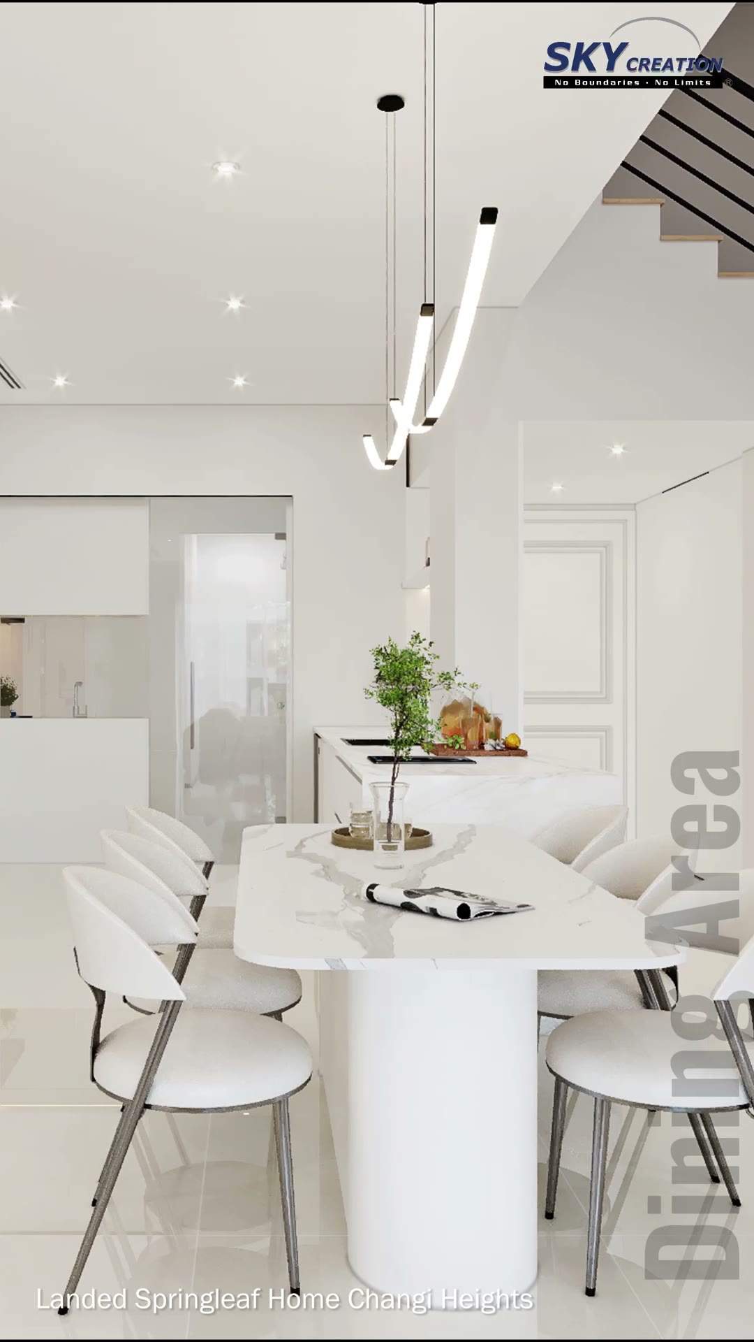 Springleaf Home dining area with a light neutral palette and sculptural pendant lighting