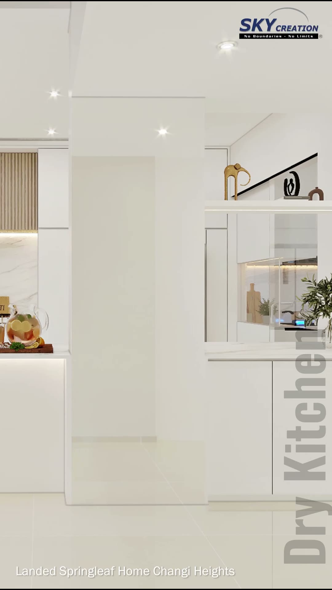 Landed home dry kitchen with seamless full-height cabinetry and display niche