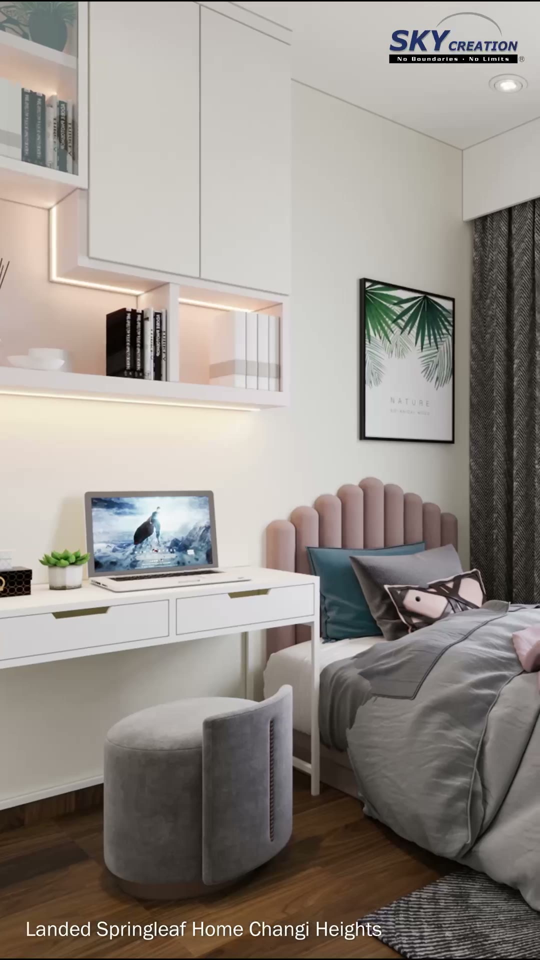 Bedroom concept with an integrated desk, storage and soft ambient lighting