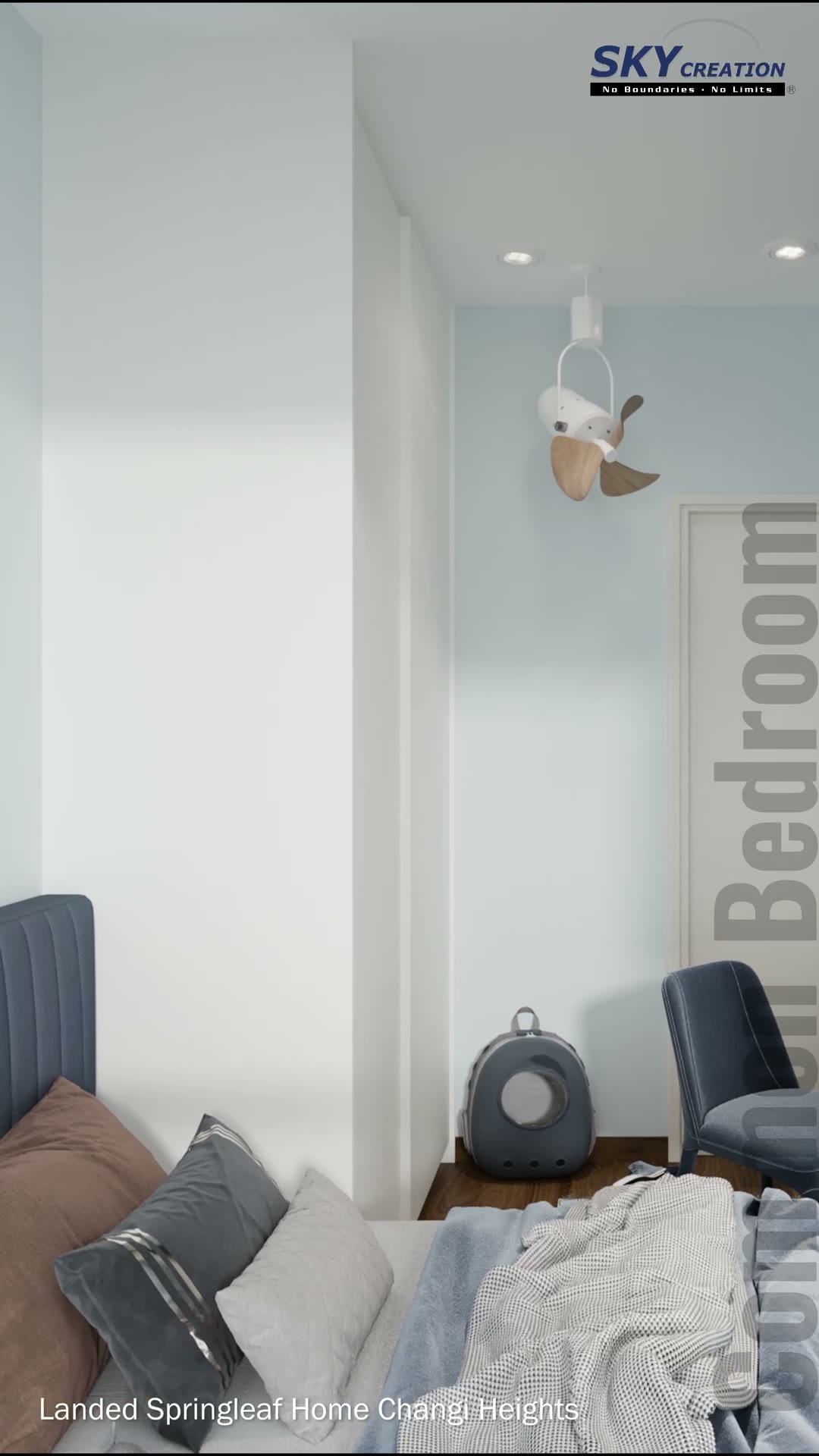 Calm bedroom concept with a restrained palette and practical furniture planning