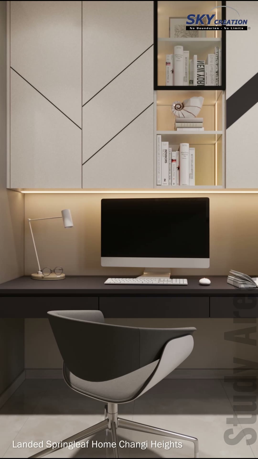 Springleaf Home study room with built-in desk, shelving and concealed lighting