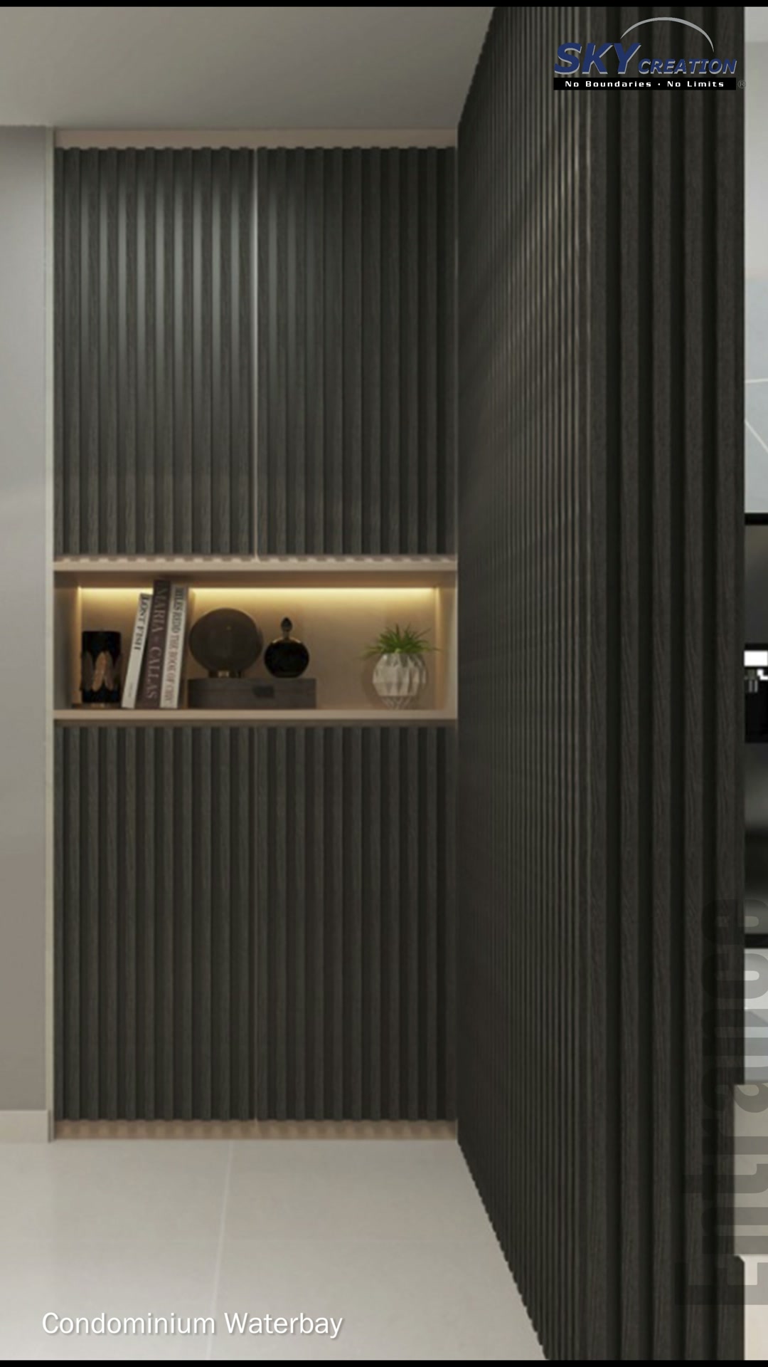 Waterbay entrance 3D concept with dark vertical fluting and a warm illuminated display niche