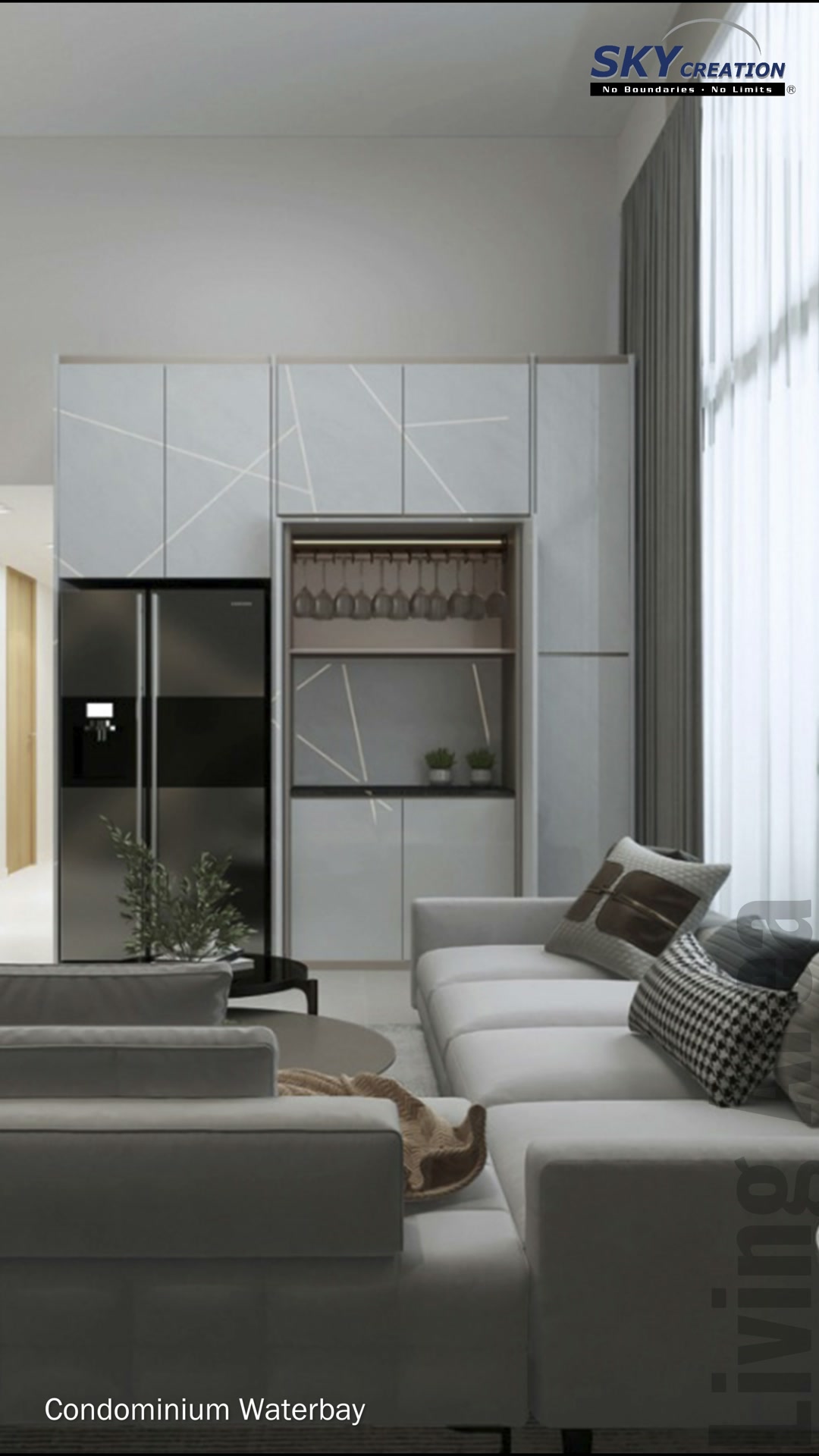 Waterbay living area with pale seating, tall curtains and an integrated refrigerator beside white cabinetry