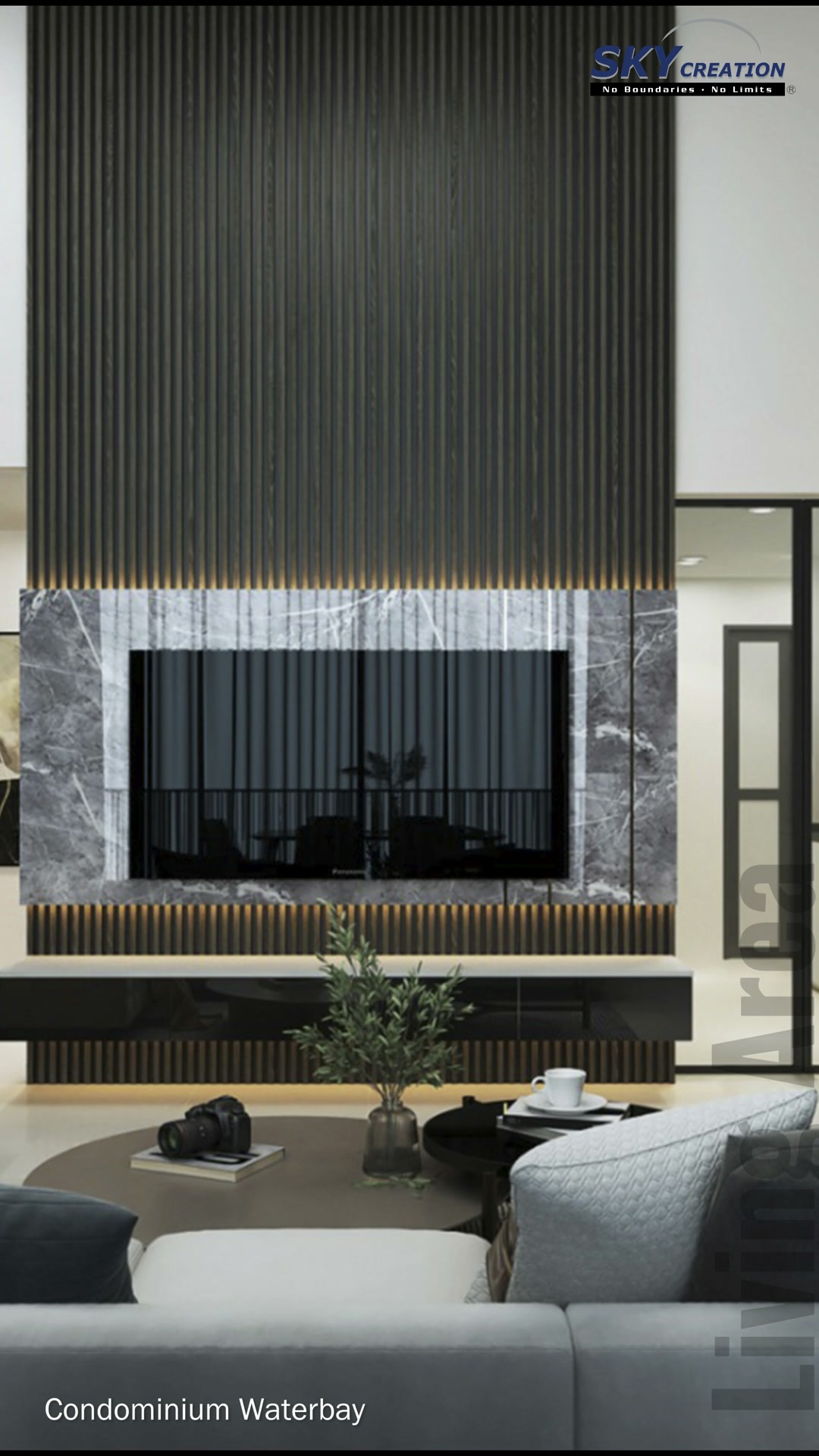 Waterbay television feature with dark fluting, a grey stone-look frame and a floating console