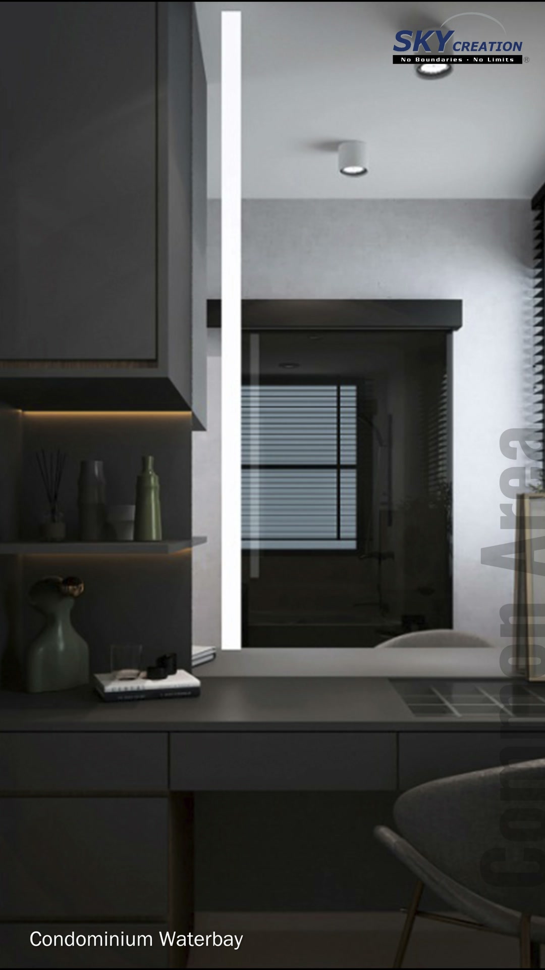 Waterbay bedroom vanity with a wide mirror, dark drawers and concealed shelf lighting