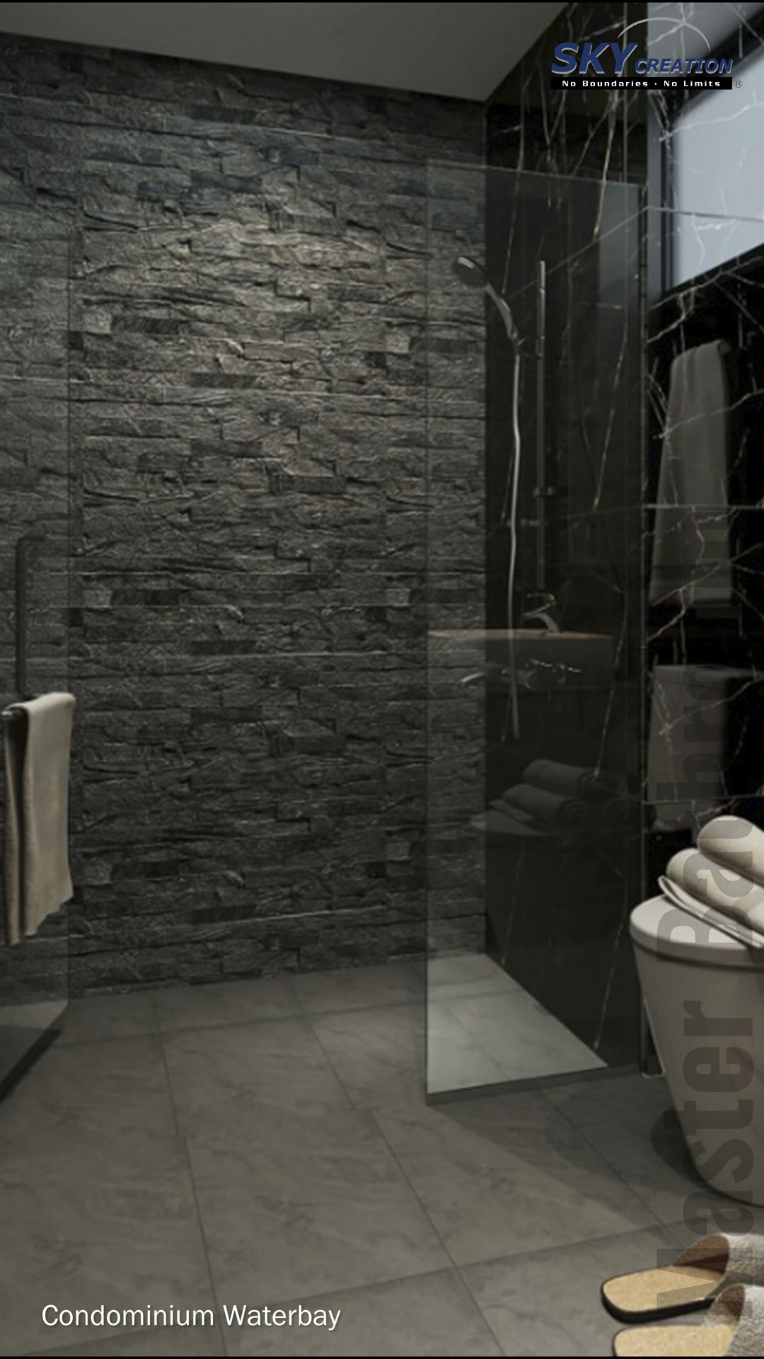 Waterbay bathroom shower enclosure with glass doors and a textured grey feature wall