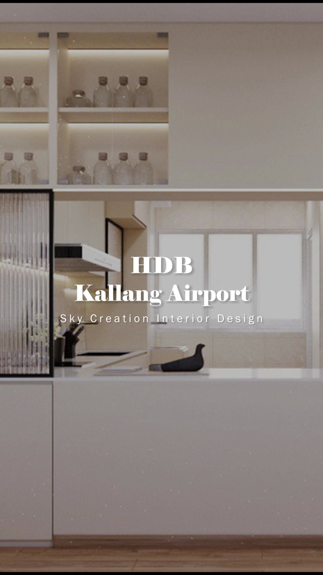 HDB Kallang Airport original 3D kitchen cover with pale cabinetry, illuminated shelves and a fluted-glass sliding panel