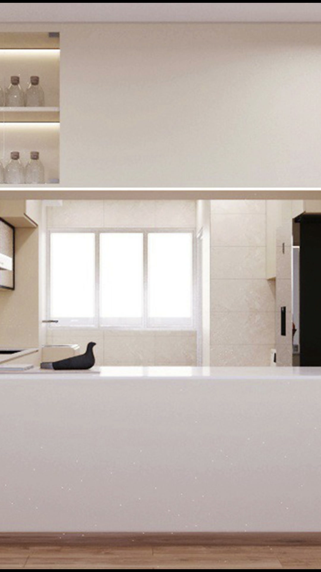 Kallang Airport kitchen serving opening with pale cabinetry and warm upper display shelves