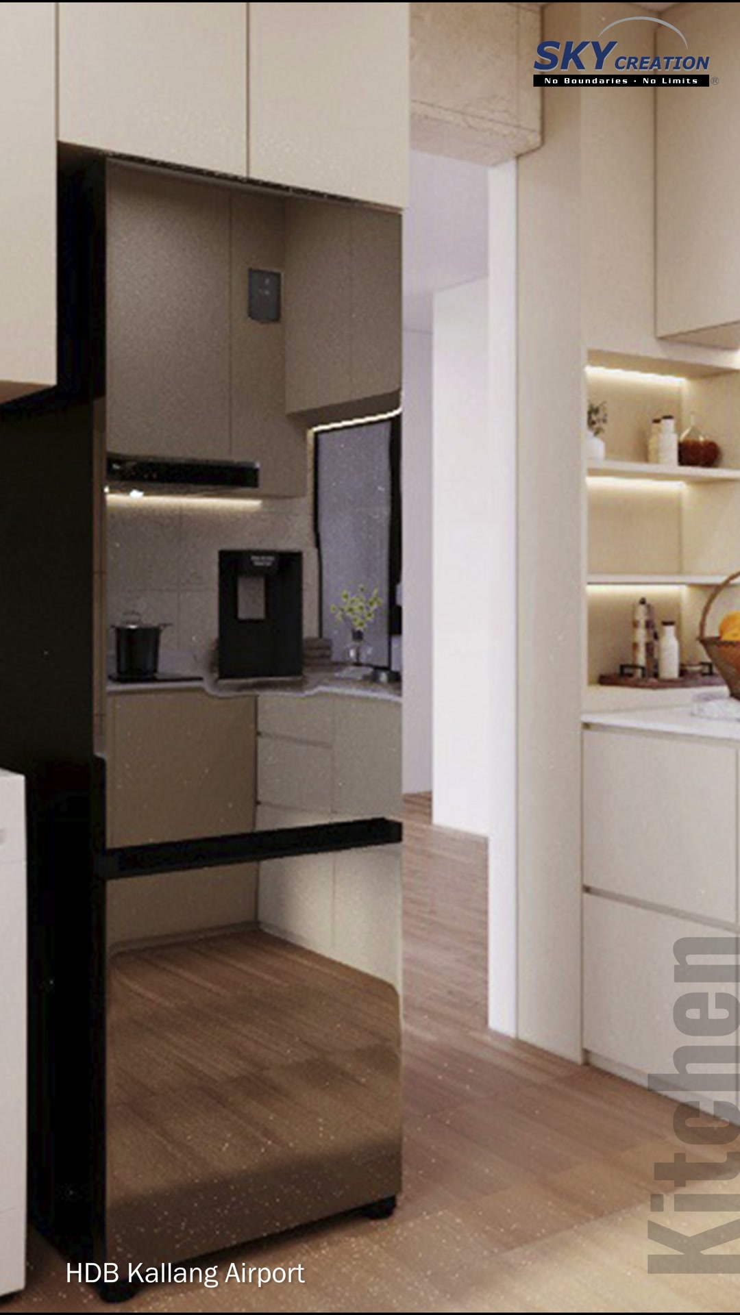 Kallang Airport tall refrigerator beside pale overhead cabinets and the adjoining counter