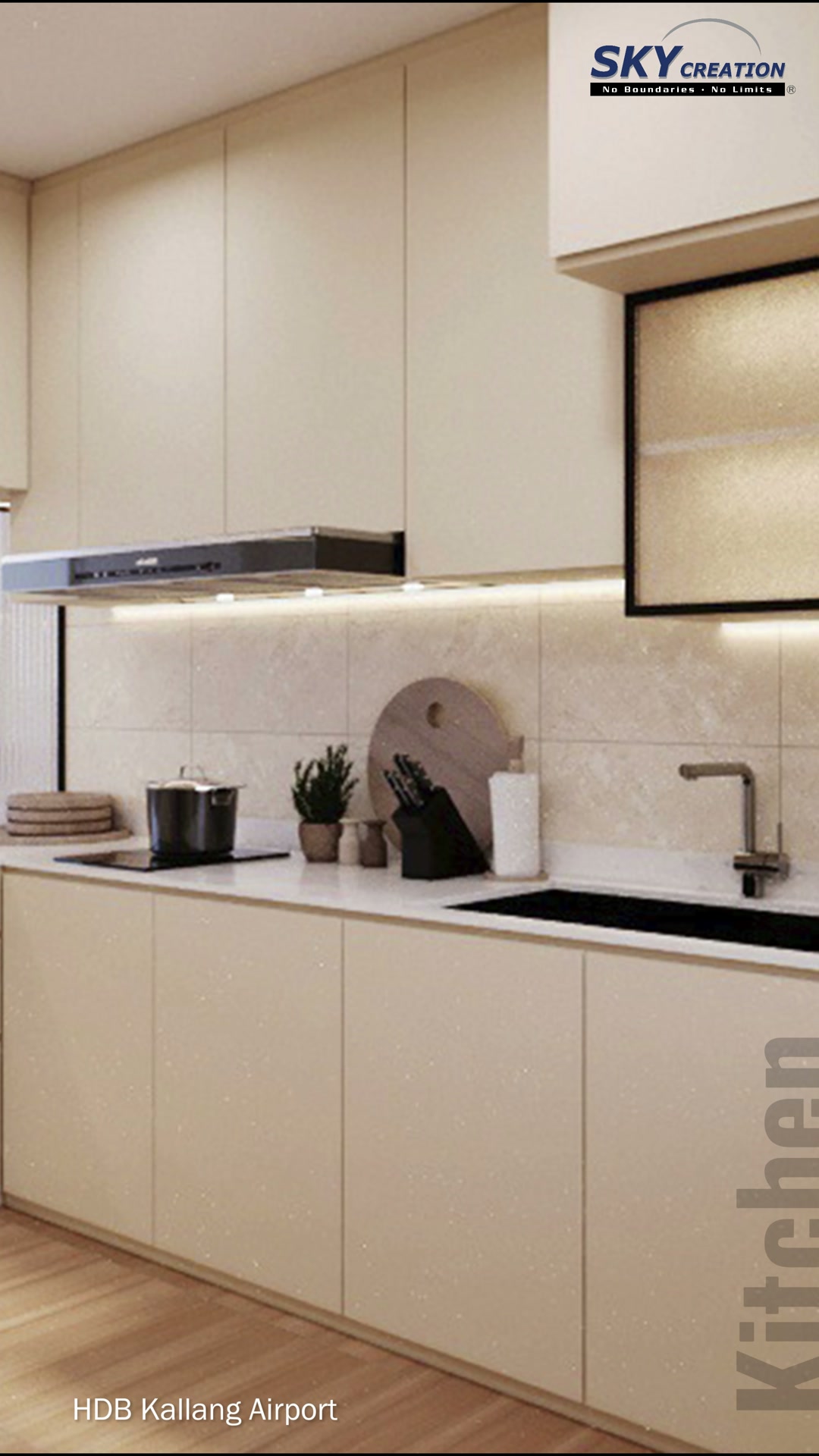 Kallang Airport continuous worktop with cooking area and warm under-cabinet lighting