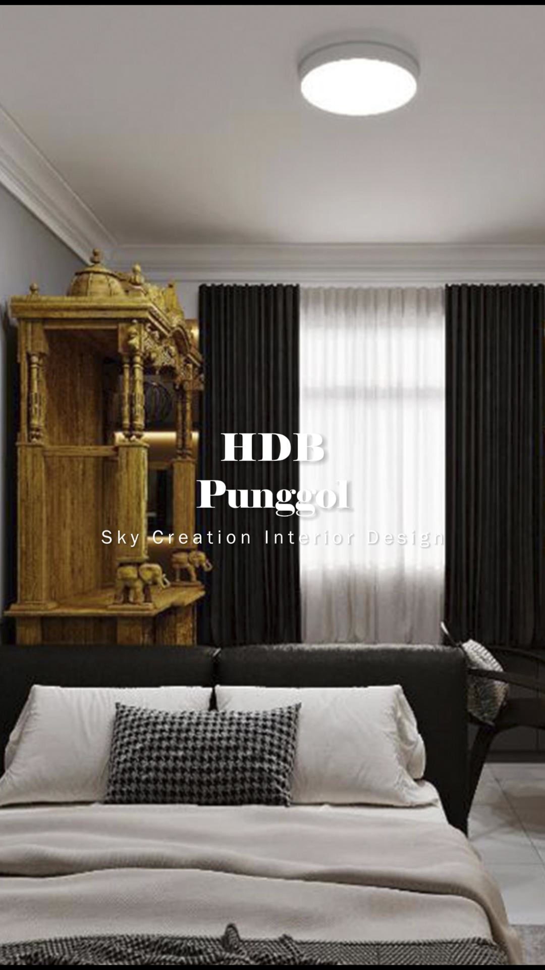 Original HDB Punggol 3D cover showing a dark upholstered bed, black curtains and a carved wooden altar cabinet