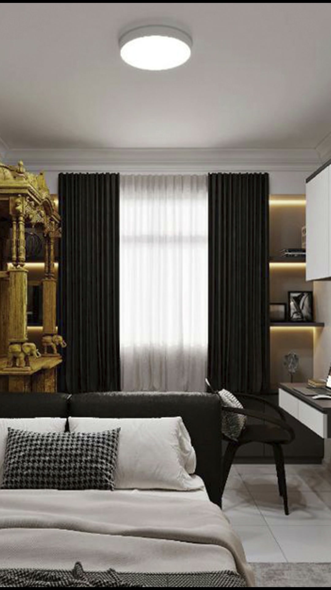 Punggol bedroom with dark upholstered bed, white bedding and carved wooden altar cabinet