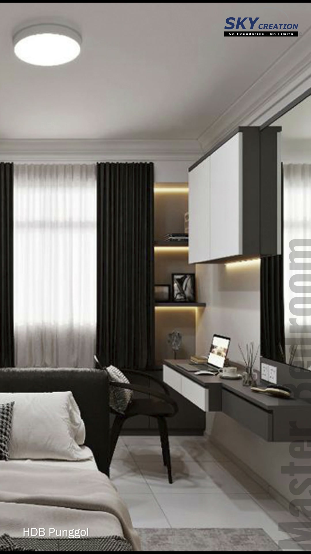 Punggol bedroom desk with tall mirror, white upper cabinets and illuminated display shelving