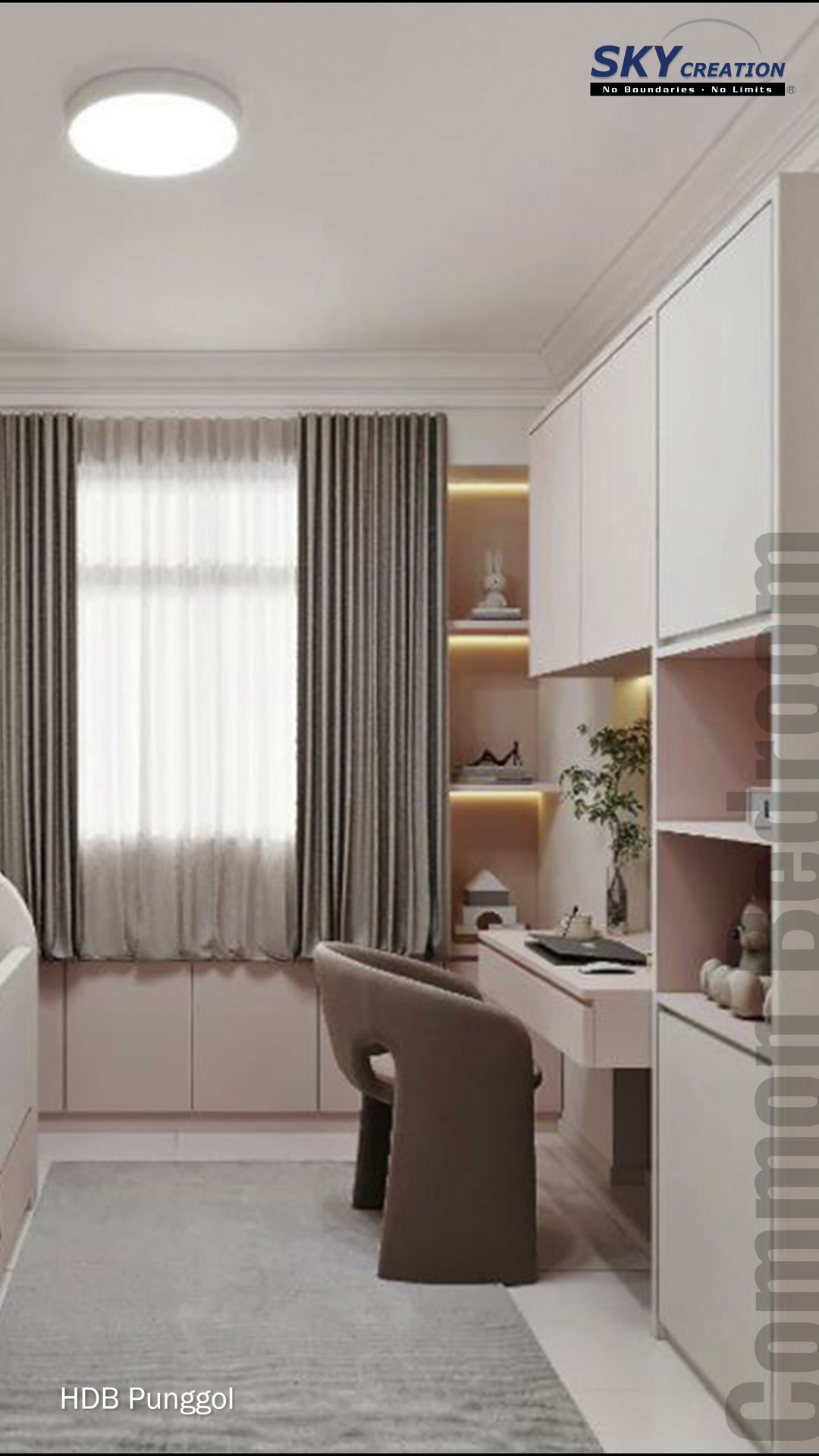 Punggol pale bedroom with a window-side desk and upholstered chair