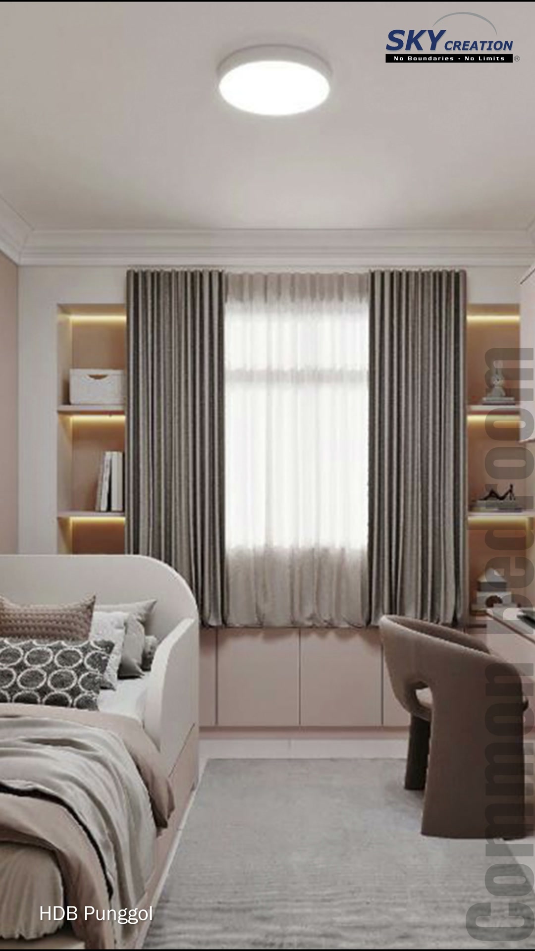 Punggol light upholstered bed beside full-length curtains and illuminated shelving