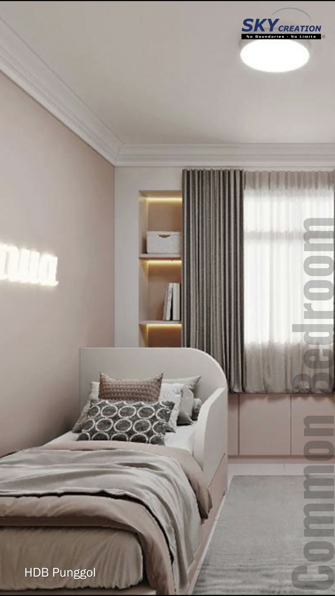 Punggol pale bedroom with upholstered bed, full-length curtains and warm display shelving