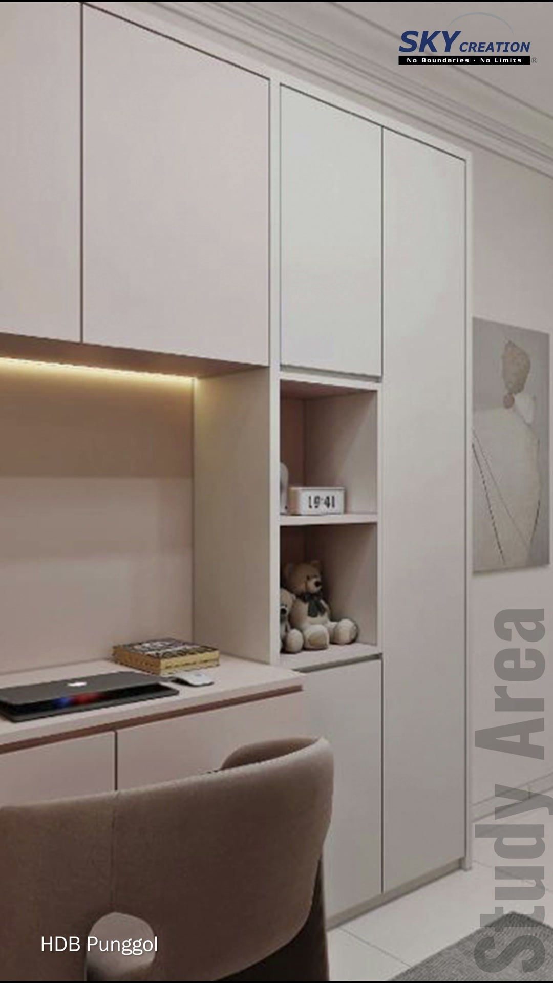 Punggol tall wardrobe doors beside the study display shelving