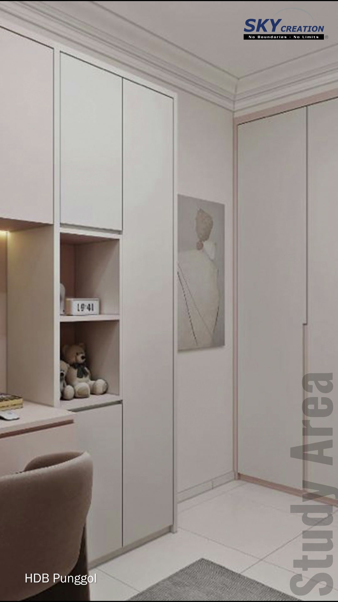 Punggol study and wardrobe corner with pale doors and ceiling mouldings