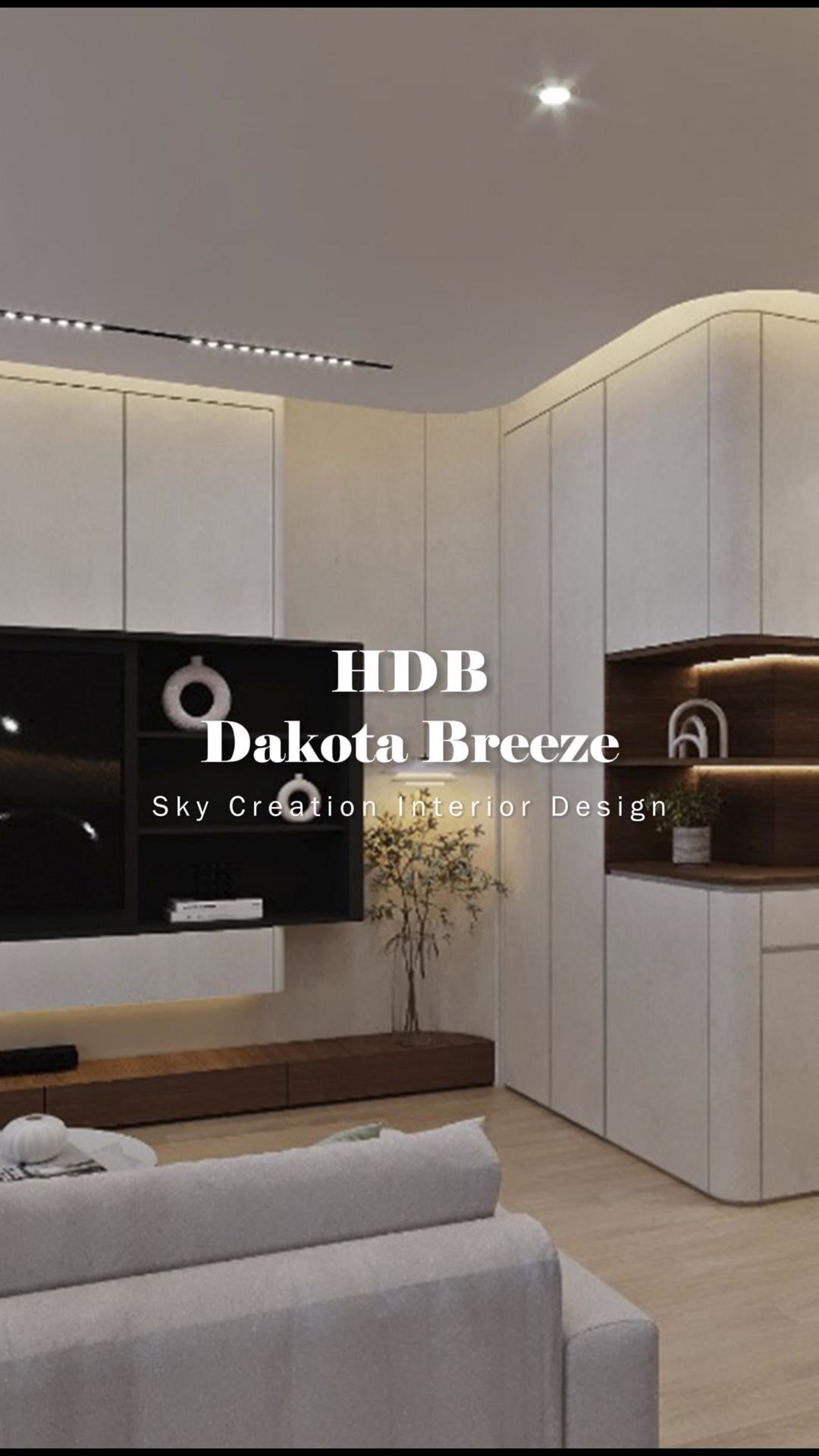 Original HDB Dakota Breeze 3D cover showing curved pale cabinets, a dark television recess and warm timber display niches