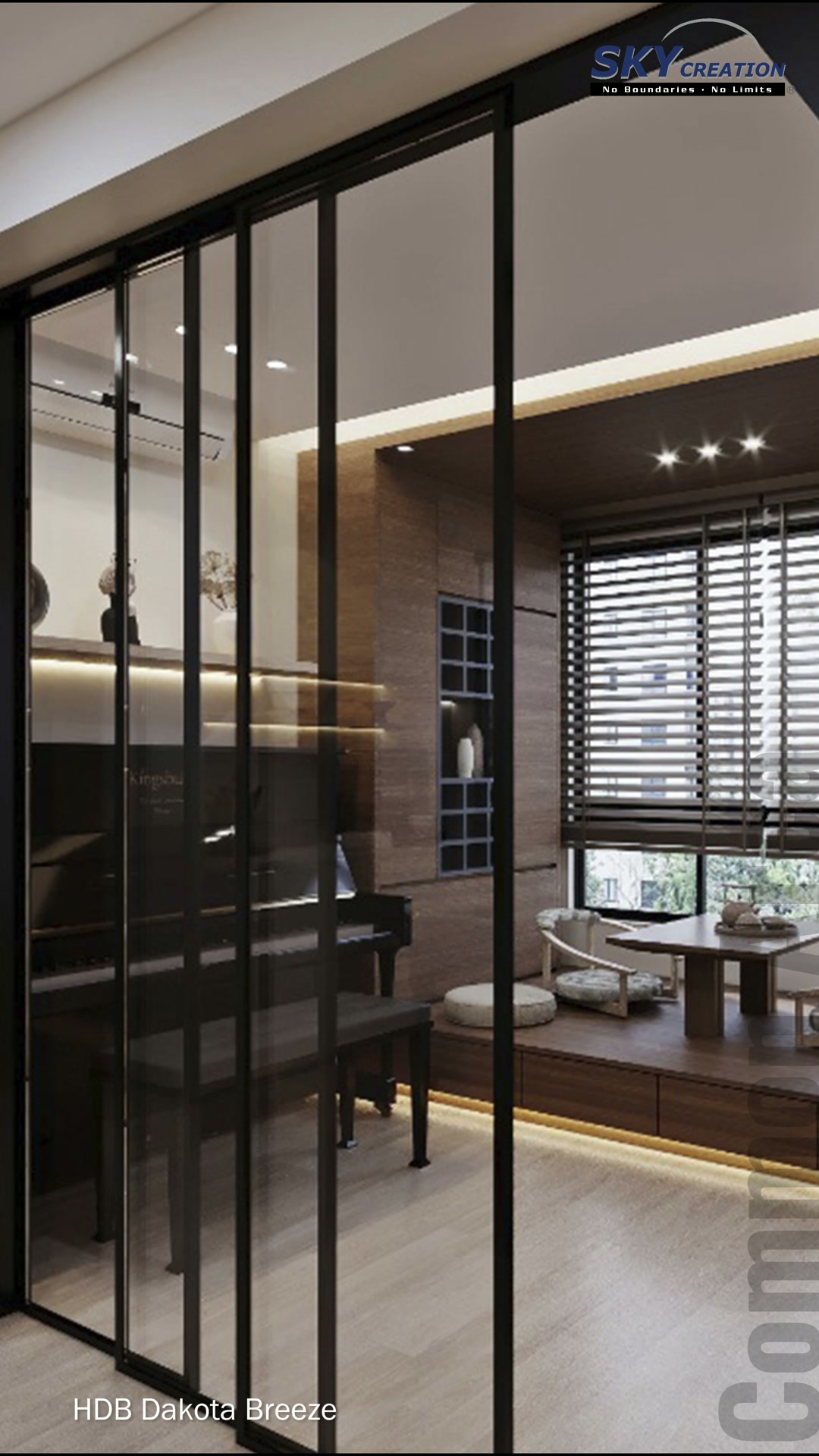 Dakota Breeze black-framed glass partition enclosing a piano and raised seating area