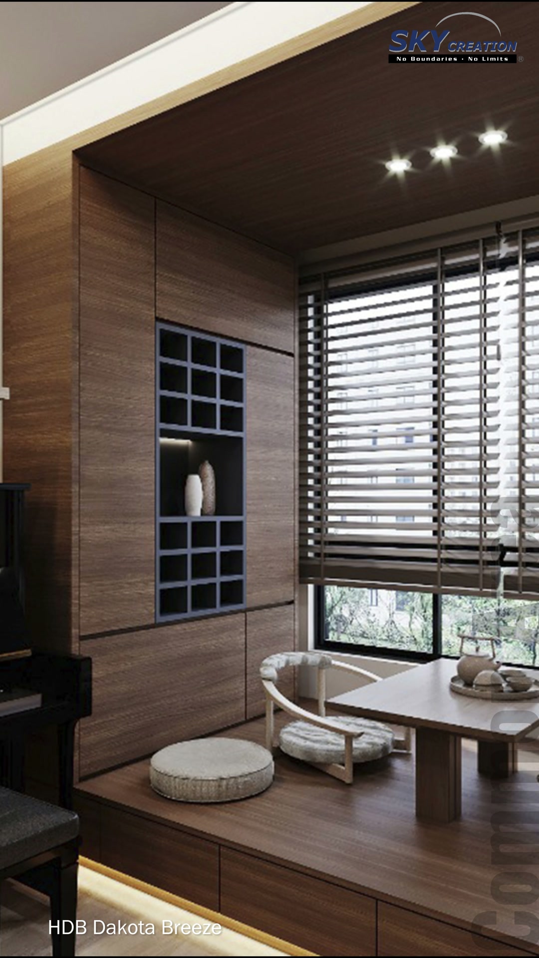 Dakota Breeze window-side timber platform with a low table, floor cushions and built-in shelving